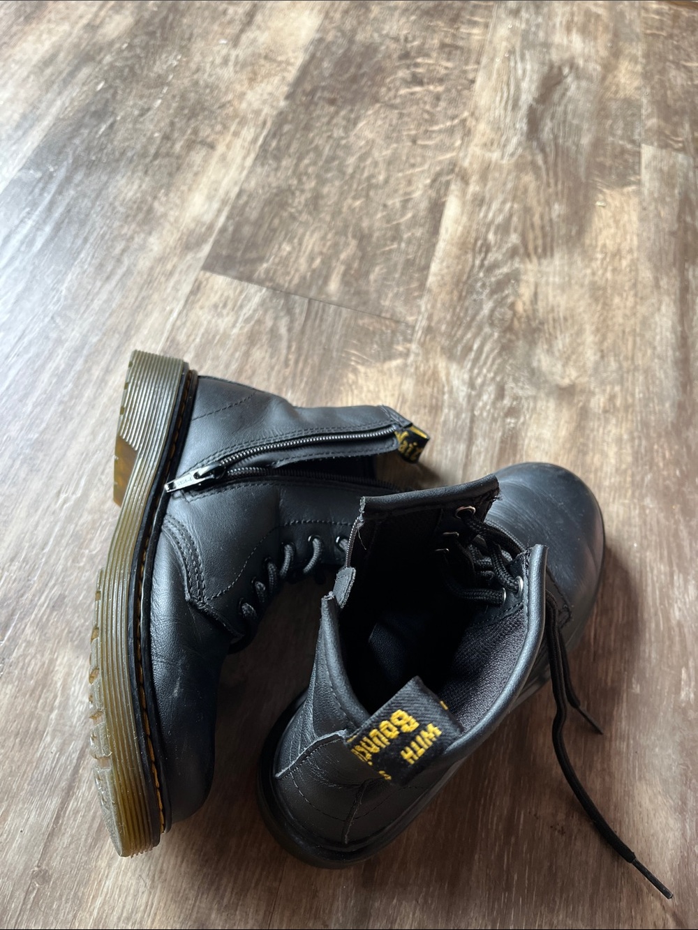 Dr. Martens Kids Black Lace-Up Ankle Boots with Yellow Pull Tab